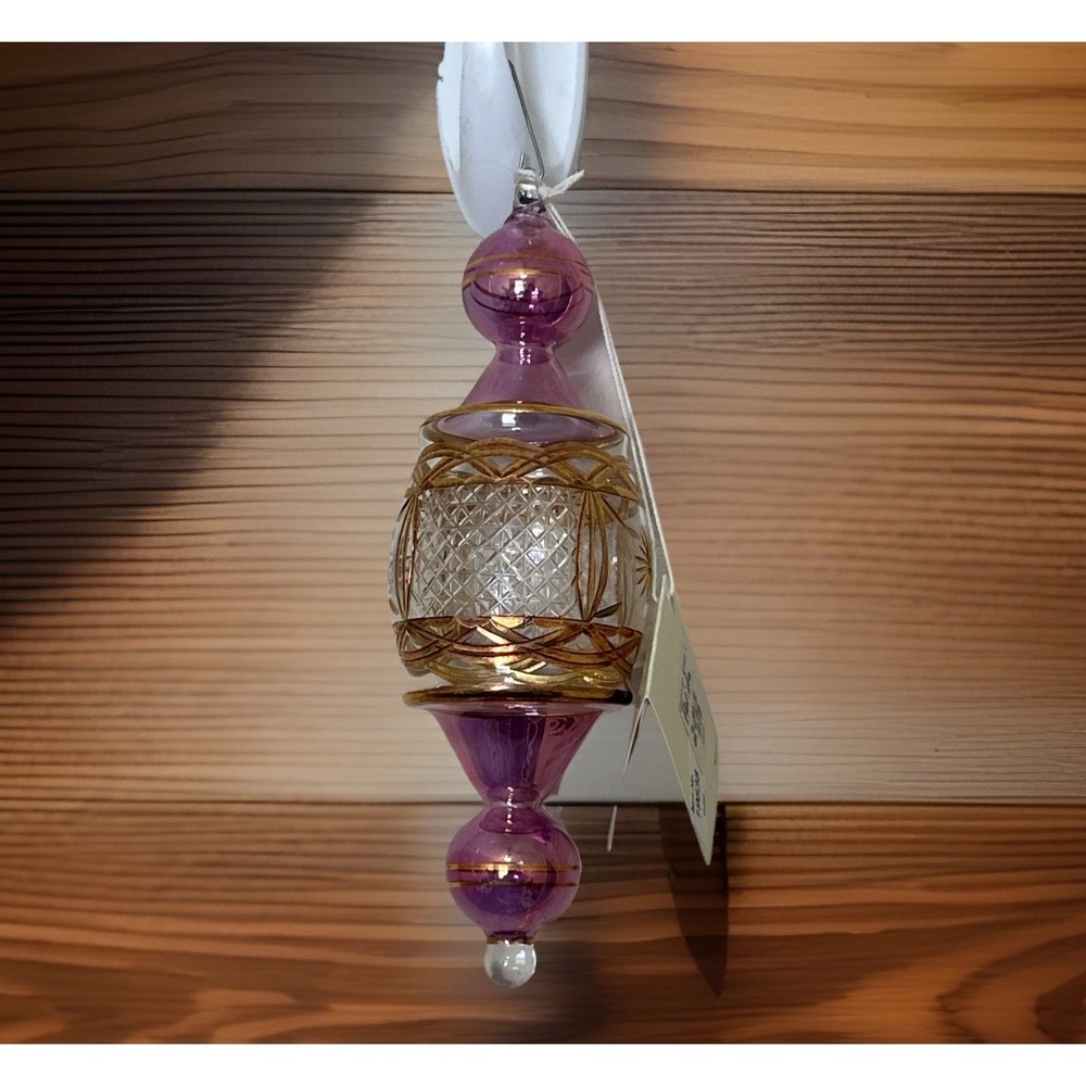 Egyptian Mouth Blown Fancy 14 Karat Gold Etched Glass Christmas Ornament 7'' New